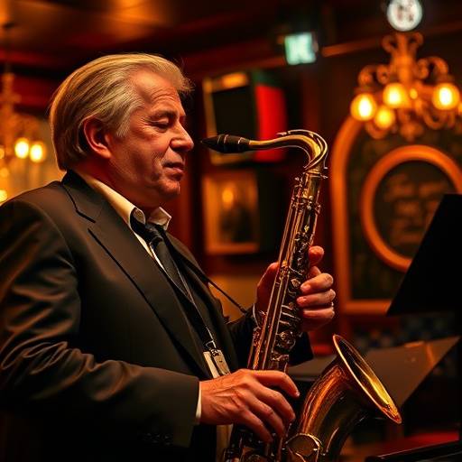 Artiste jouant du saxophone lors d'un concert de jazz au Hot Club de Lyon. Ambiance intime et chaleureuse.